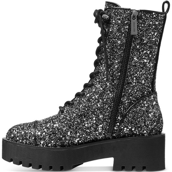 NWOB MICHAEL KORS Women's Bryce Lug Sole Combat Booties Black Silver B4HP - Picture 3 of 4